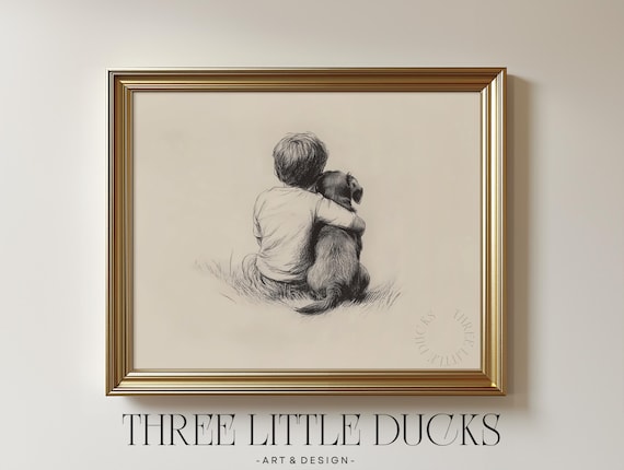 Child And Small Dog Pencil Sketch Vintage Rustic Nursery Wall Art