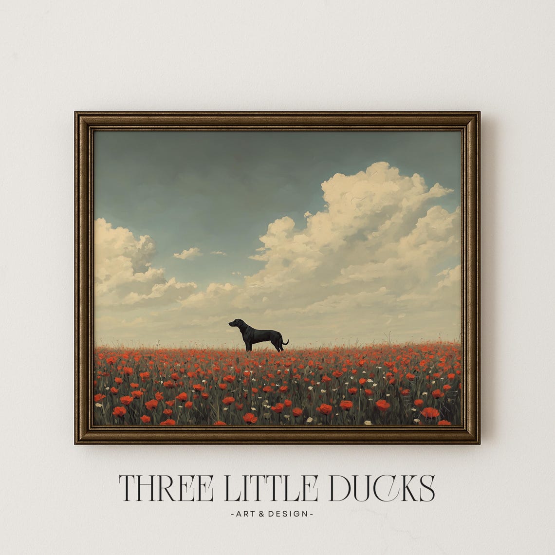 Great Dane Silhouette In Red Poppy Field Moody Cloudy Sky Art Poster