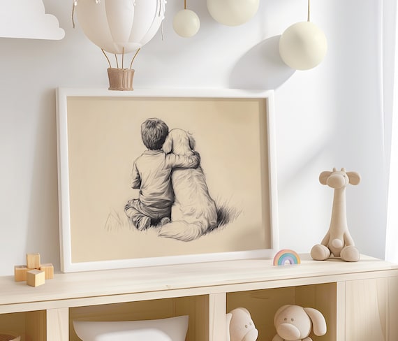 Little Boy And Golden Retriever Art Sketch Nursery Dog Retro Puppy Drawing Boys Decor Kids Room 634