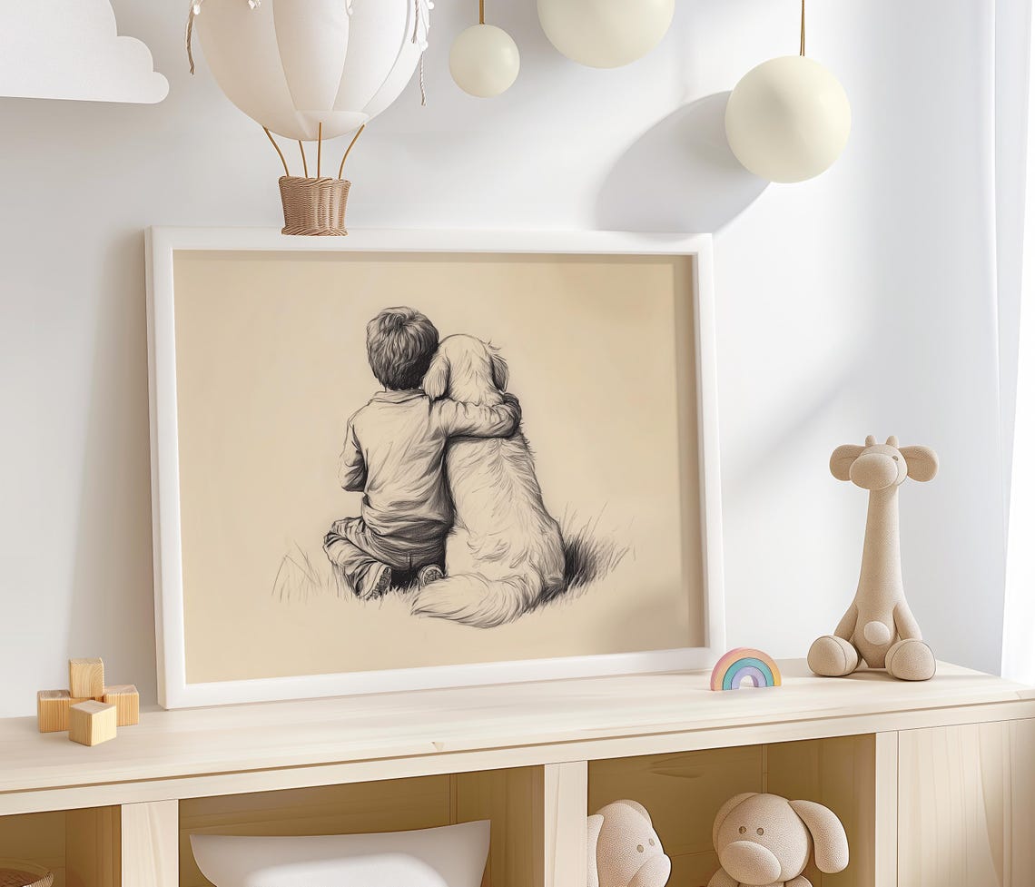 Boy with Golden Retriever Nursery Shelf Pencil Sketch Wall Art