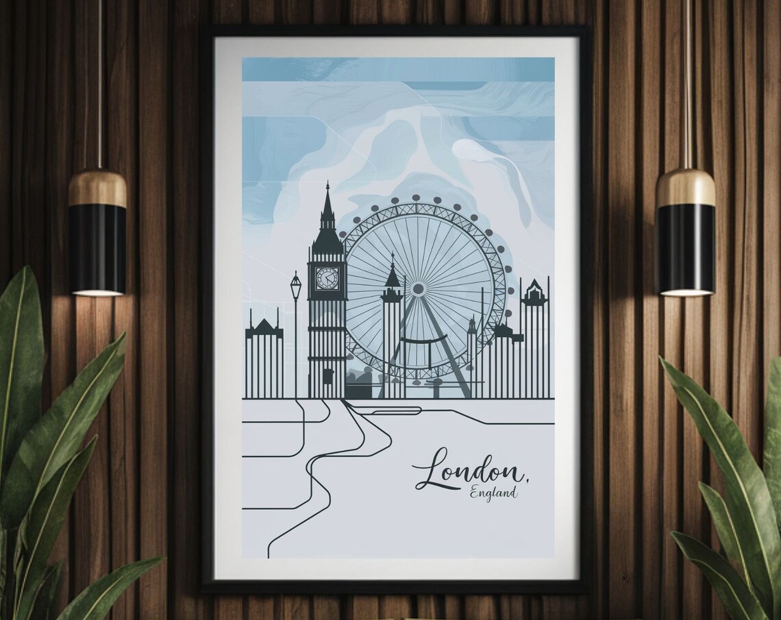 London England Big Ben London Eye Soft Blue Pastel Skyline Poster