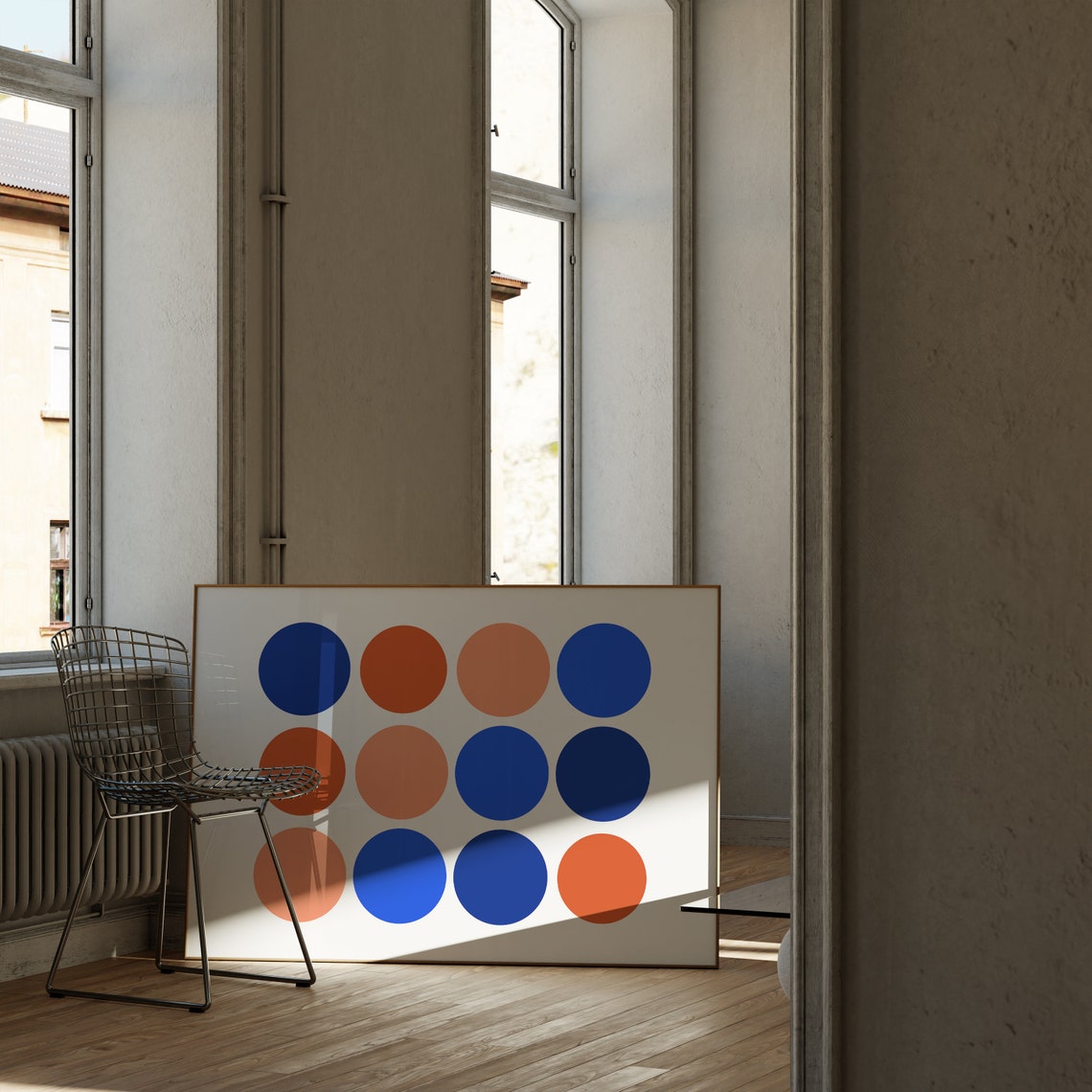 Mid Century Blue Orange Circles Geometric Retro Abstract Wall Art - Image 2