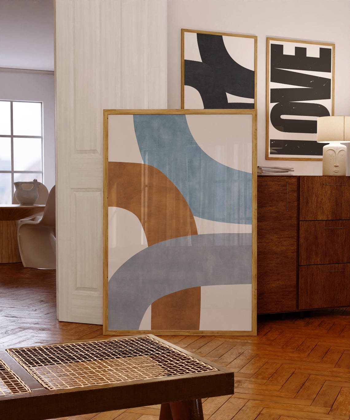 Dark Ochre Blue Grey Organic Curves Midcentury Abstract Print