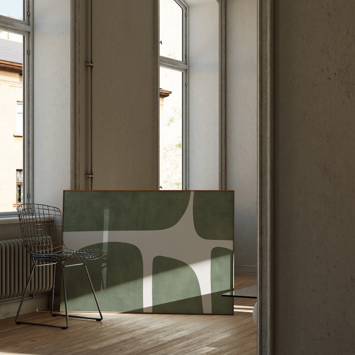 Modern Green Beige Minimalist Mid-Century Poster - Image 2