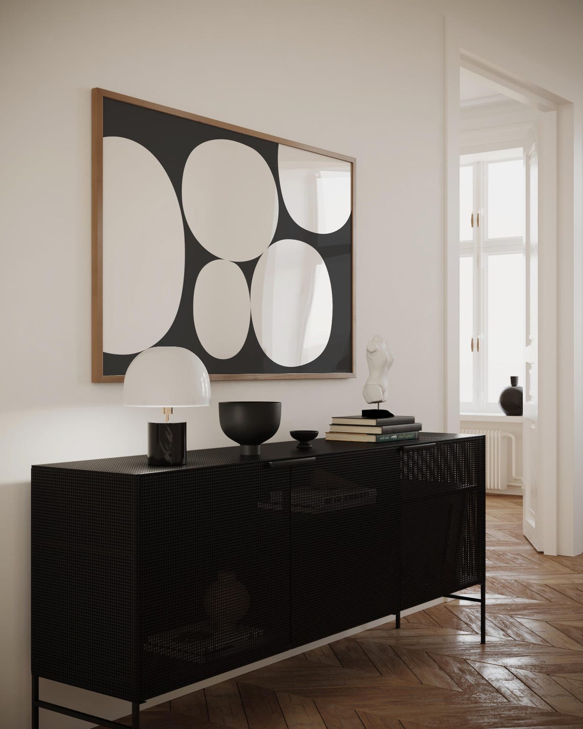 White Organic Circles On Soft Black Mid Century Modern Poster - Image 2