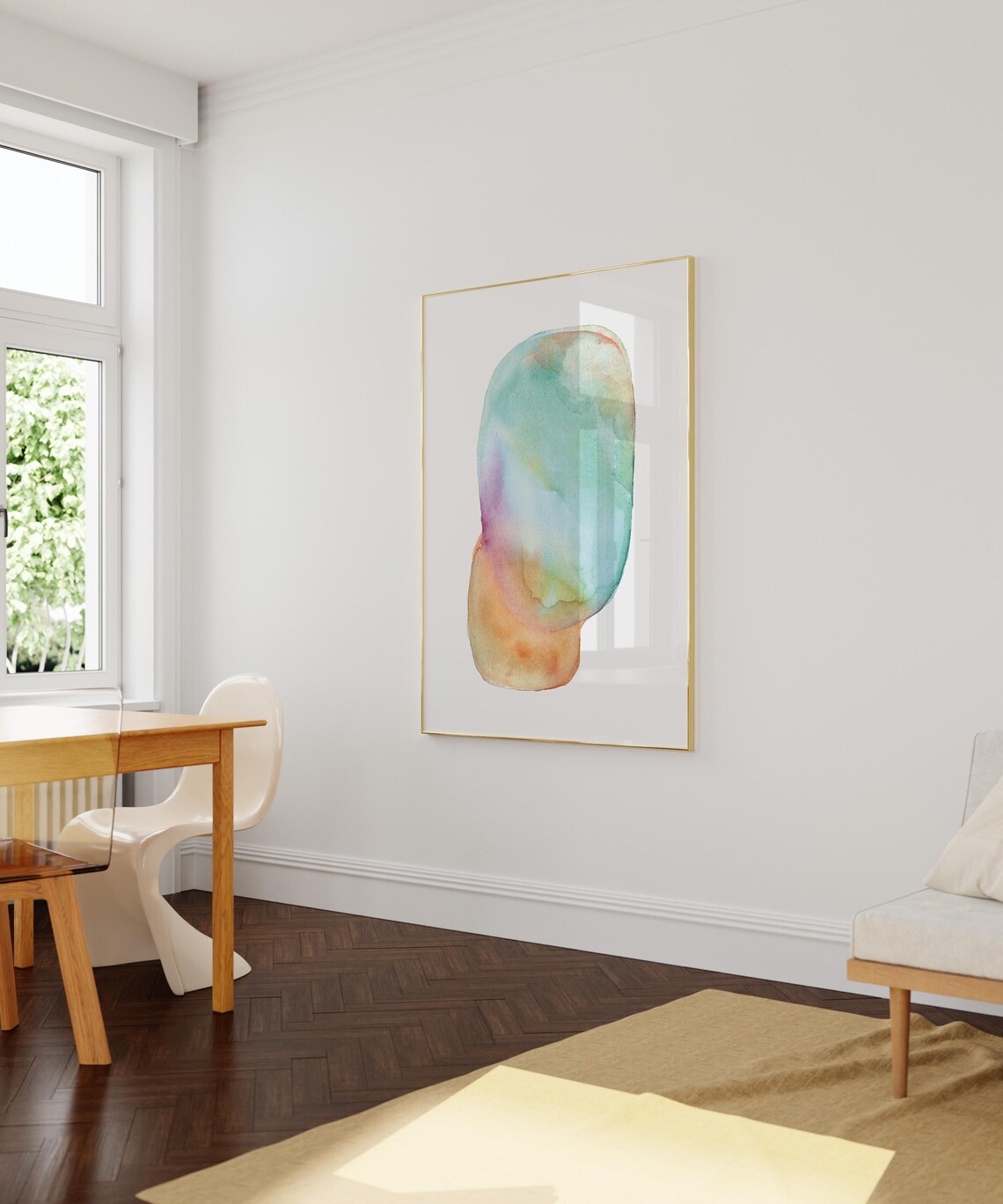 Turquoise and Ochre Watercolor Organic Oval Abstract Art Poster - Image 2