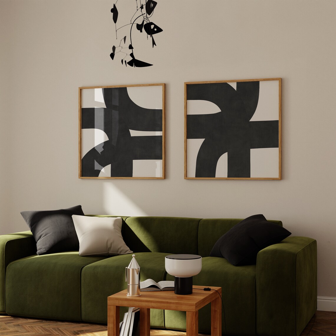 Black and Cream Organic Brush Shapes Square Abstract Art Poster - Image 3