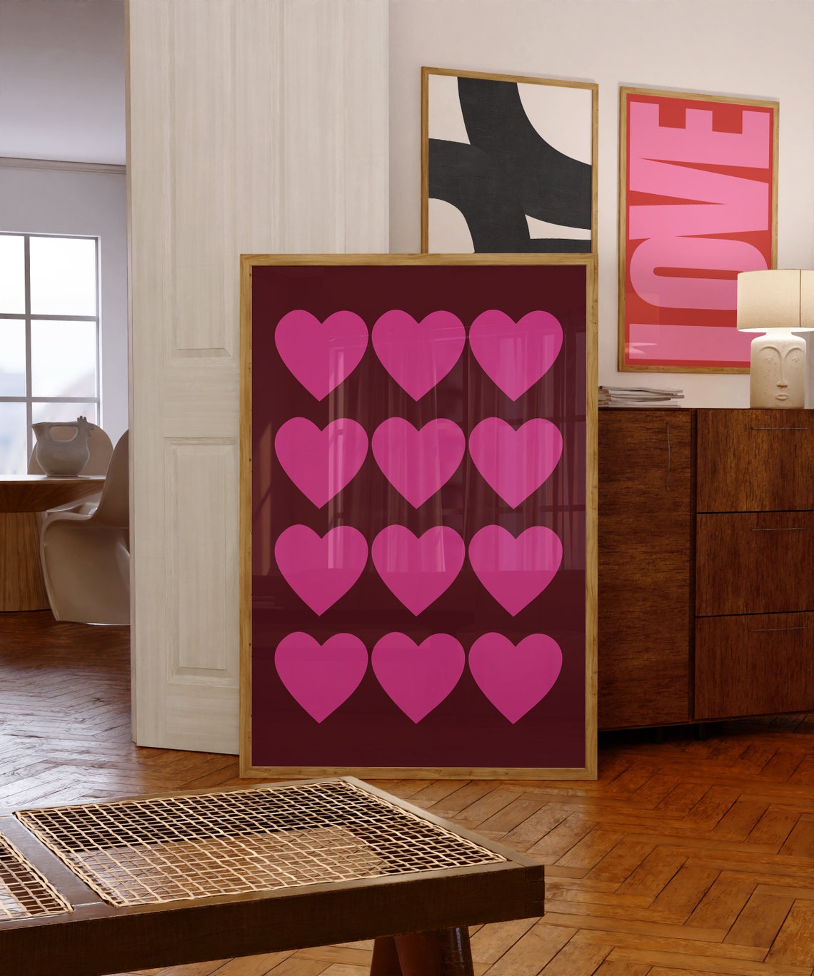 Fuchsia Pink Hearts Dark Red Modern Valentine Scandi Wall Art