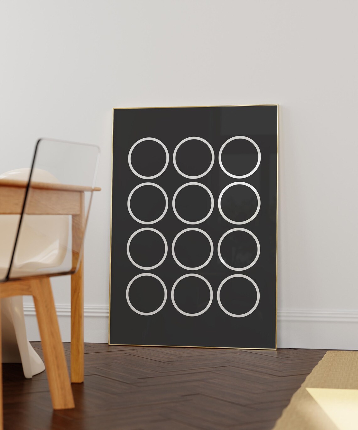 Minimalist White Circles Black Harmony Art Print - Image 3