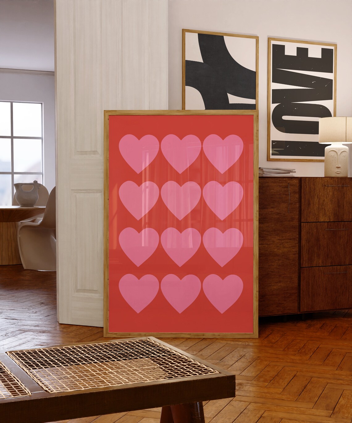 Mid Century Valentine Pink Hearts Retro Art Print