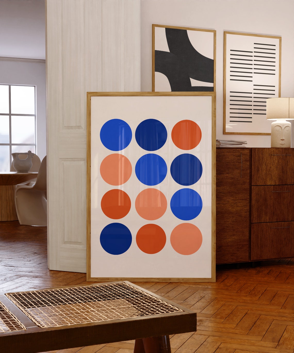 Mid Century Blue Orange Circles Geometric Retro Abstract Wall Art