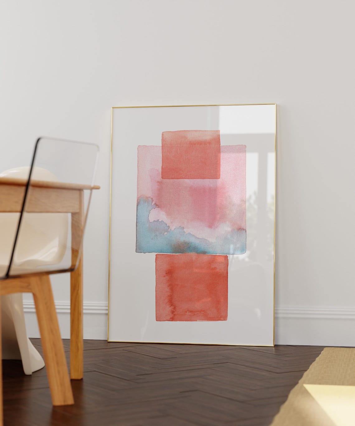 Coral and Ochre Watercolor Squares Geometric Abstract Poster