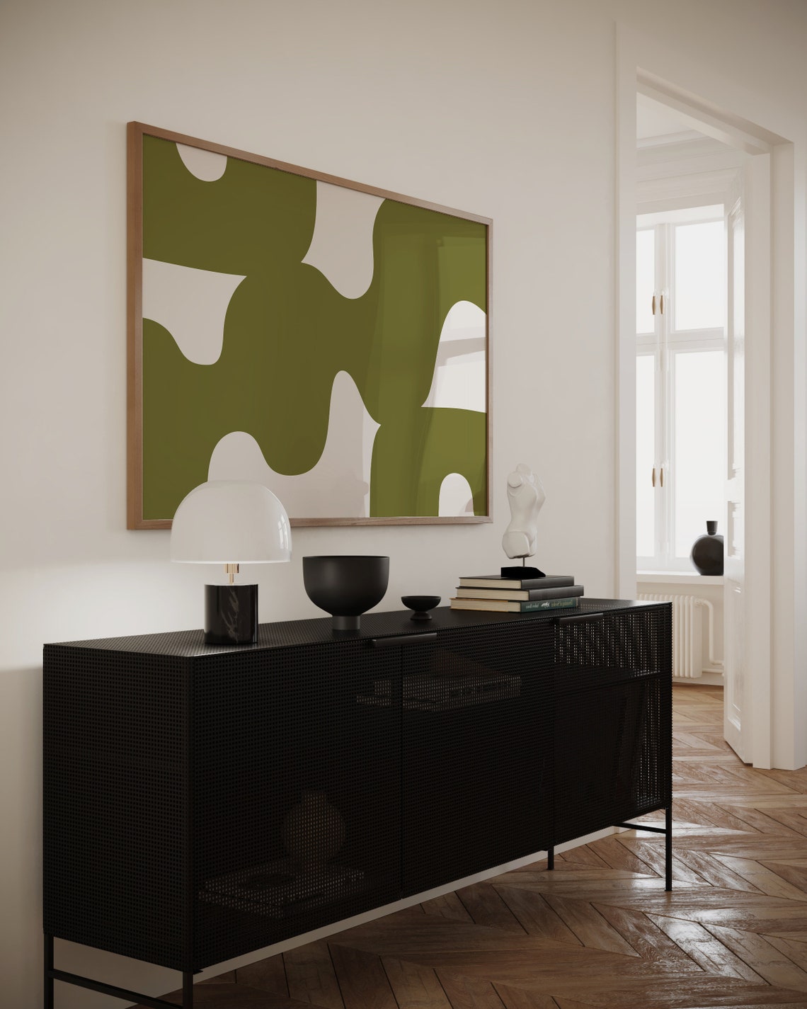 Midcentury Olive Green Cream Organic Shapes Abstract Wall Art - Image 2
