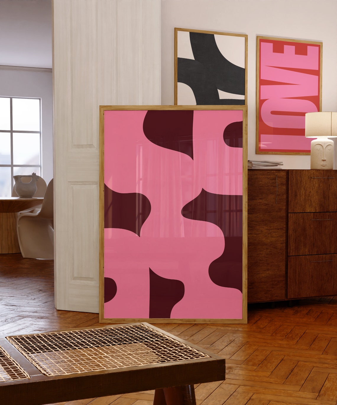 Pink and Burgundy Organic Waves Mid Century Abstract Art Poster