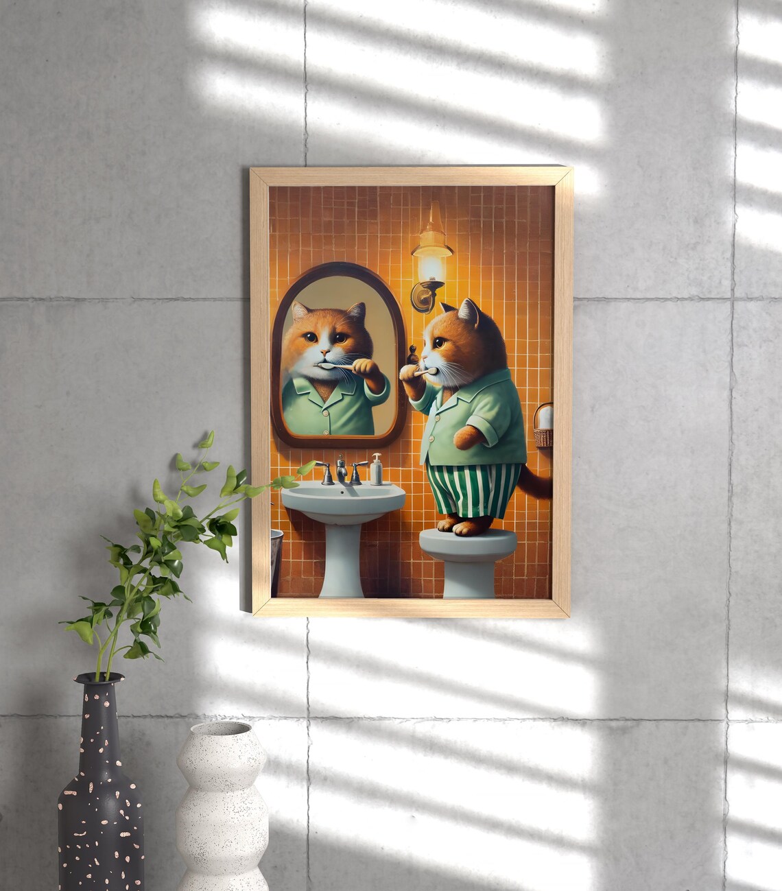 Orange Cat Brushing Teeth in Bathroom Mirror Funny Cat Poster - Image 3