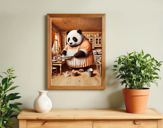 Panda Washing Dishes in Cozy Kitchen Apron Funny Animal Poster