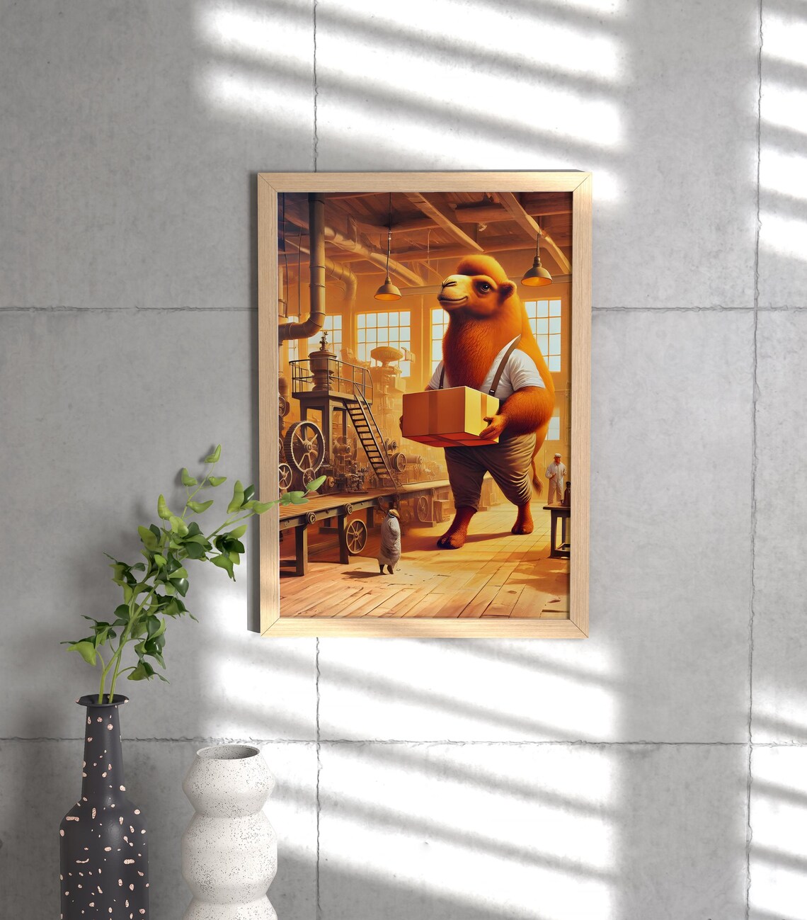 Friendly Camel Carrying a Cardboard Box in a Factory Humor Poster - Image 3