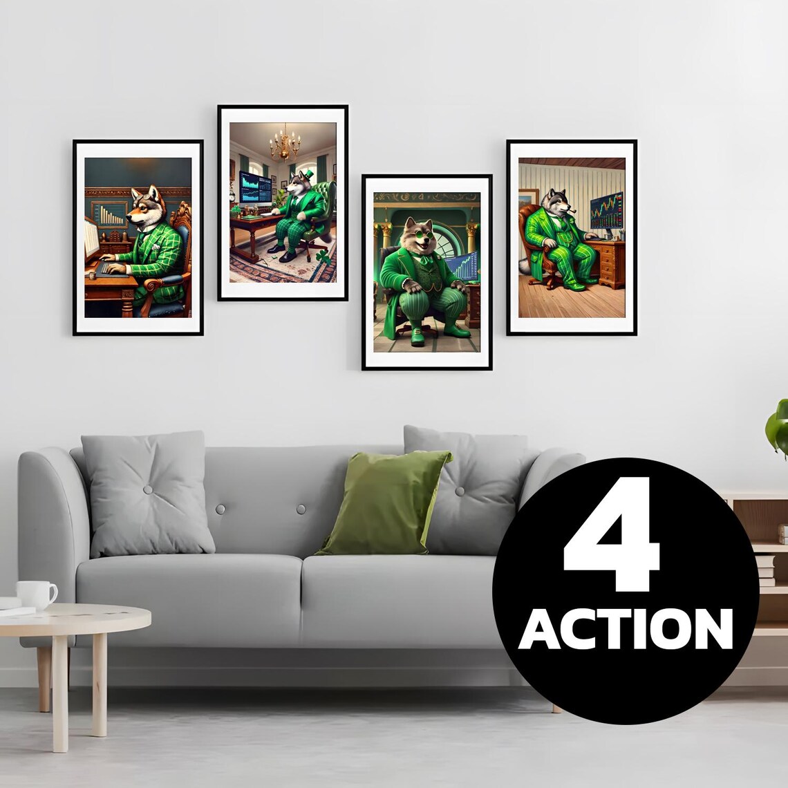 Wolf in Green Suit Trader Four Piece Poster Set for Office Decor