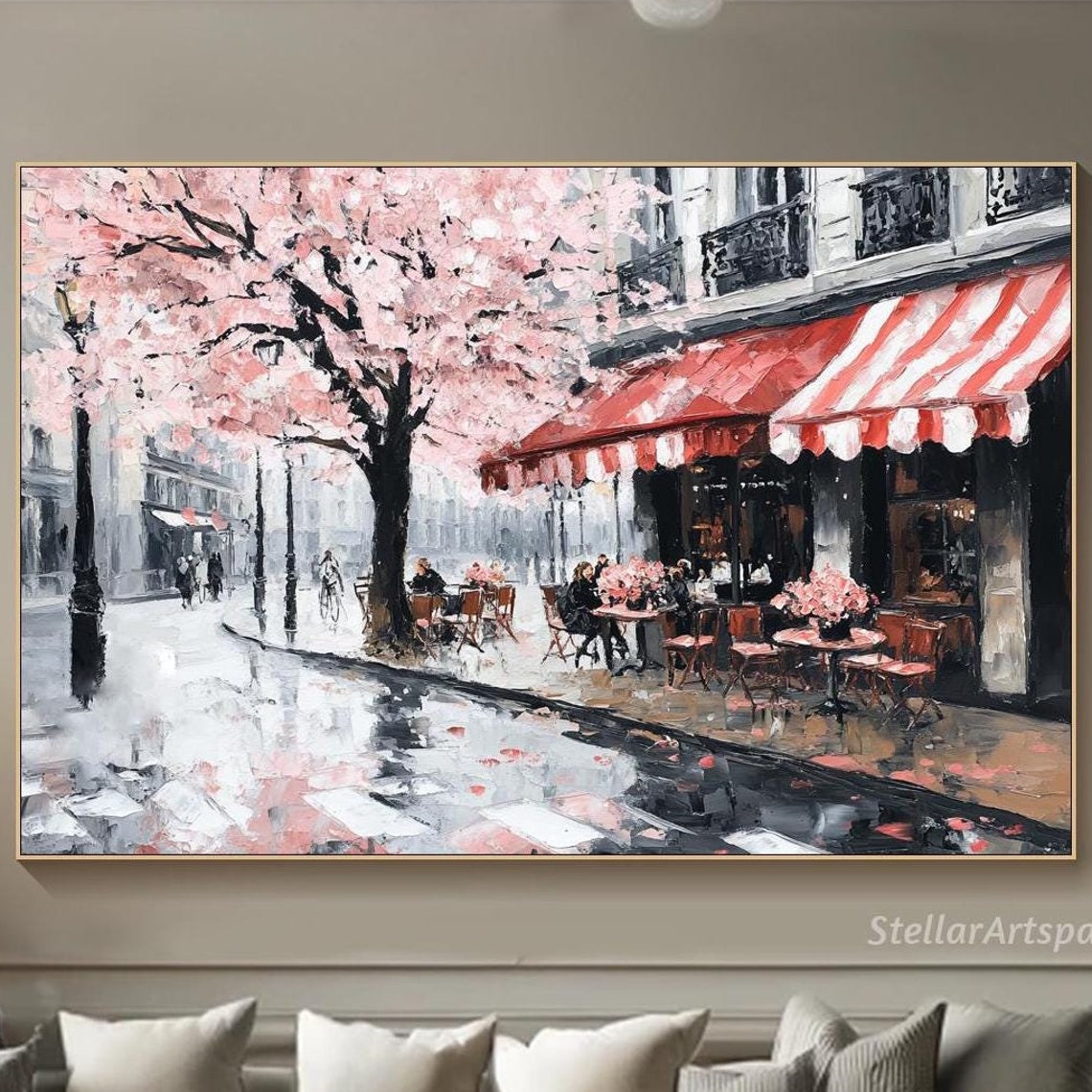 Paris Street Cafe Cherry Blossom Red Awning Rainy Day Travel Poster