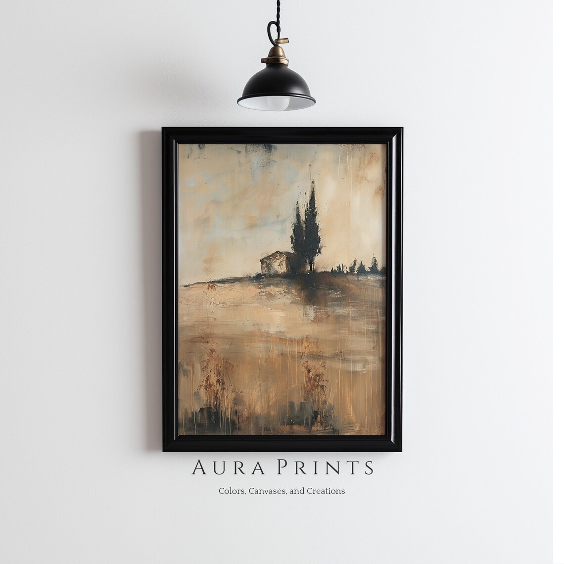 Tuscan Farmhouse Cypress Trees Golden Field Muted Oil Art Poster
