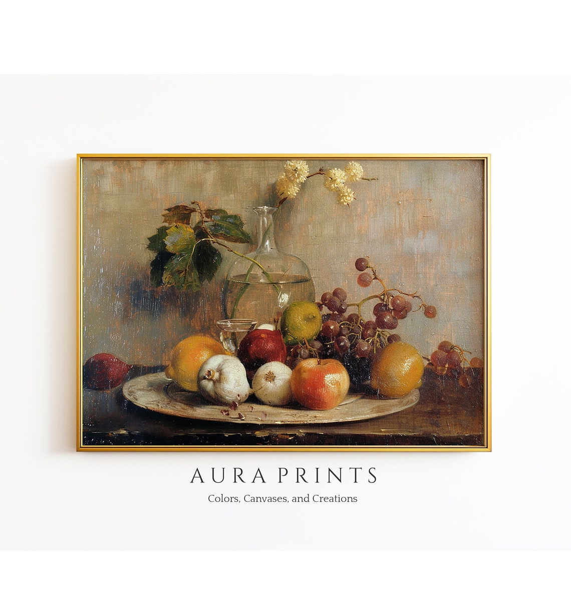 Vintage Fruit Still Life Grapes Wine Glass Classic Oil Poster