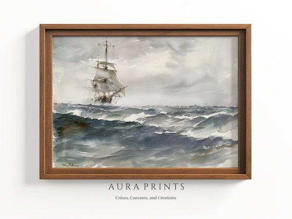 Vintage Tall Ship Stormy Sea Watercolor Maritime Painting Wall Art