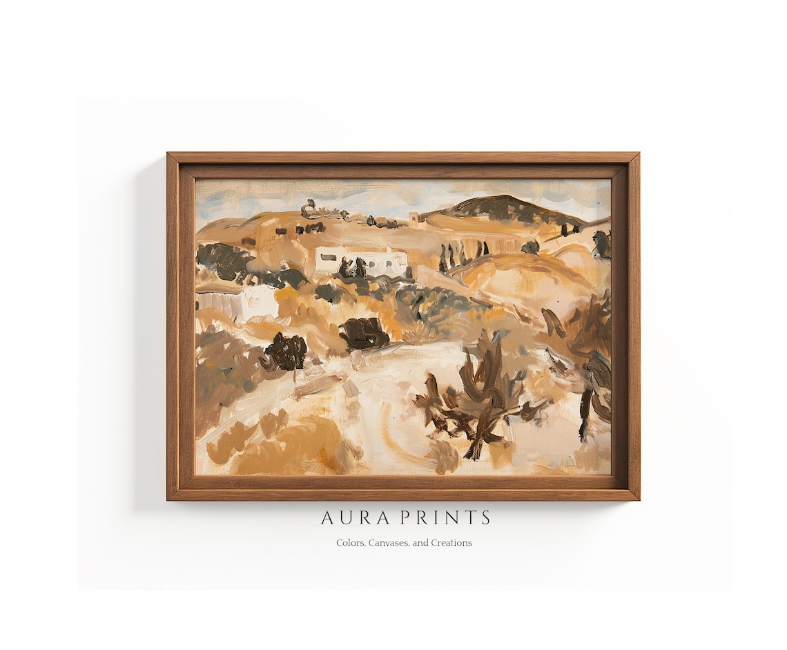 Warm Desert Hills Village Oil Painting Earth Tones Landscape Poster