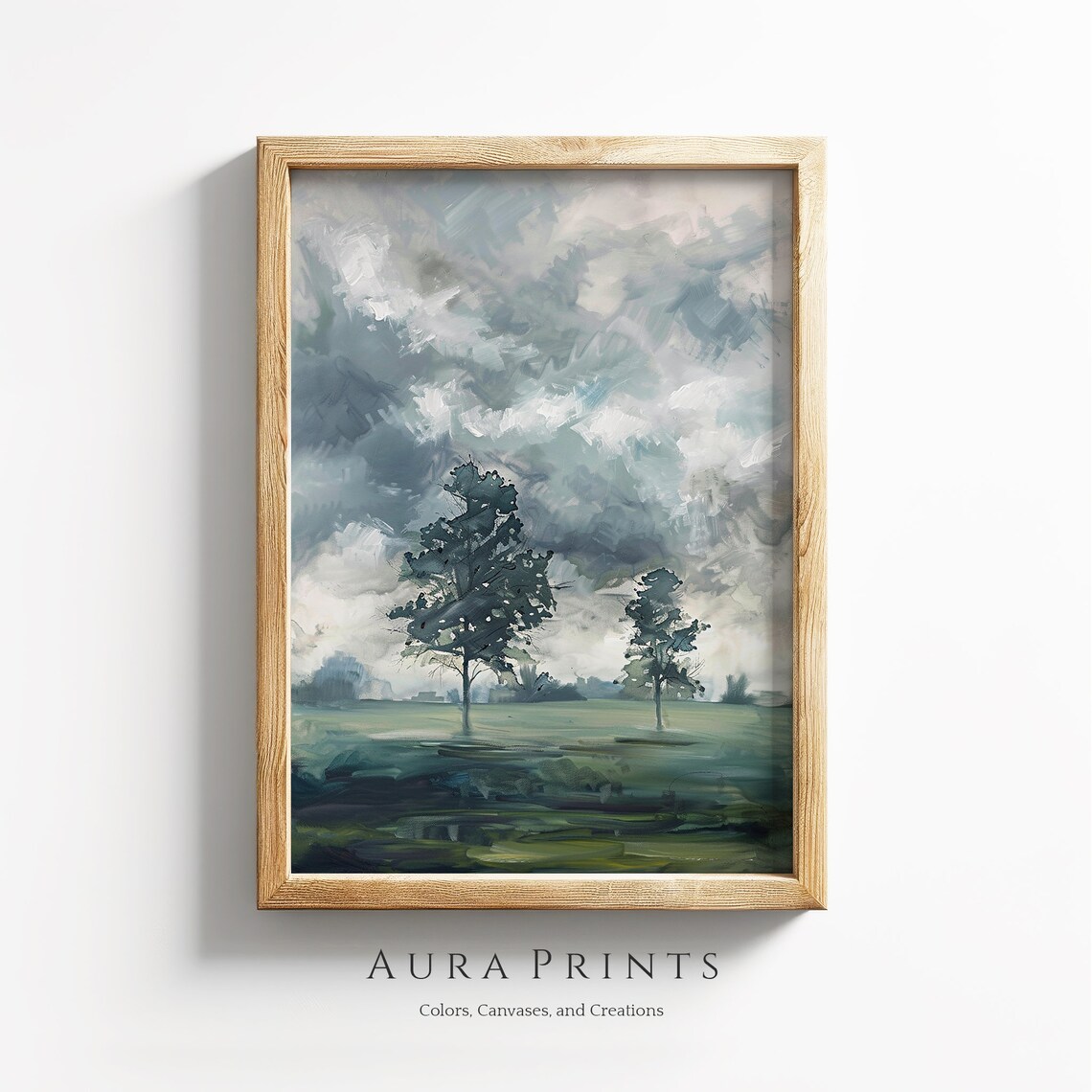 Moody Cloudy Sky Lone Trees Green Field Oil Painting Art Poster
