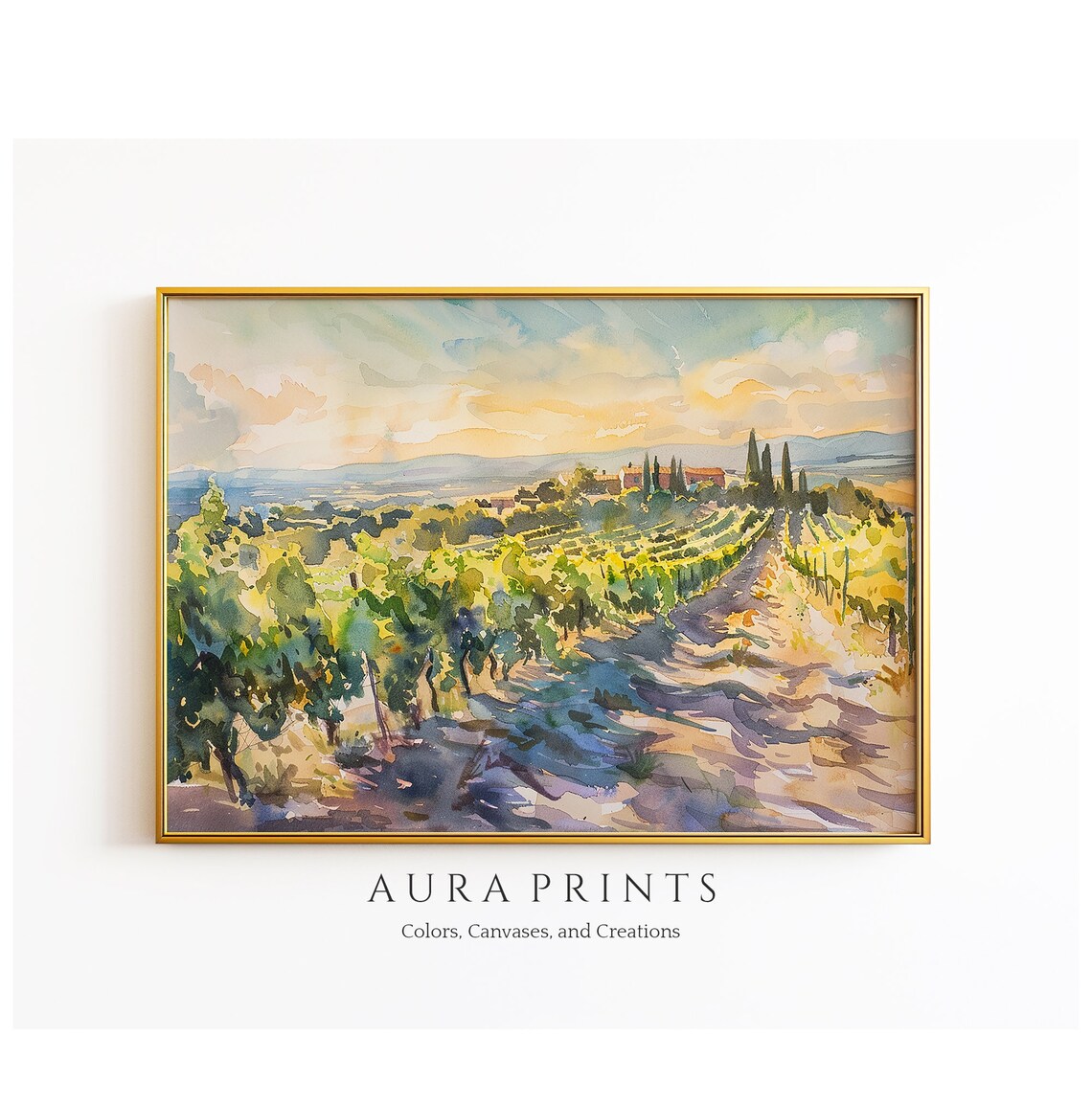 Italian Vineyard at Sunset Watercolor Tuscan Countryside Poster