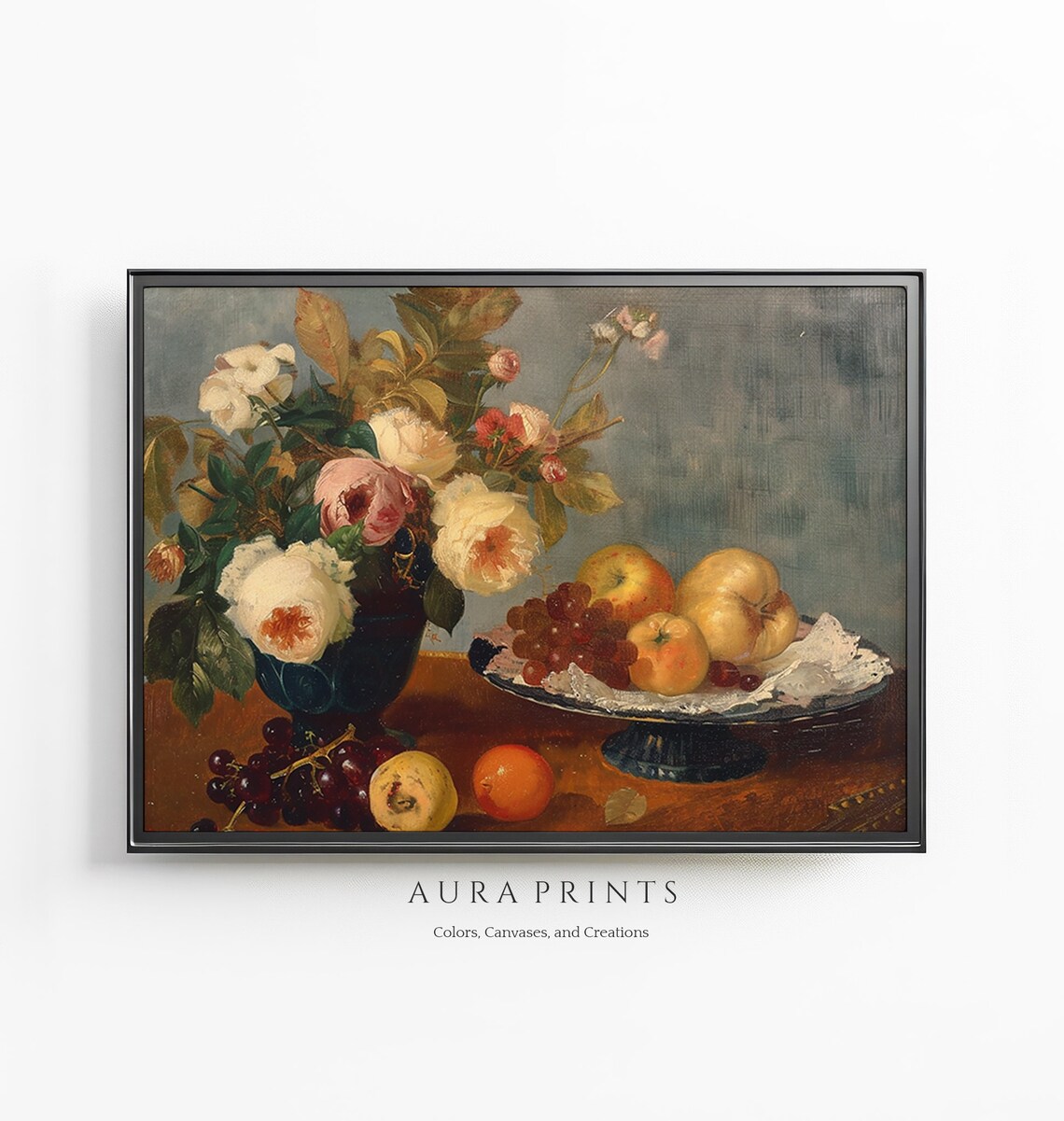 Vintage Still Life Oil Painting Roses And Fruit Bouquet Poster