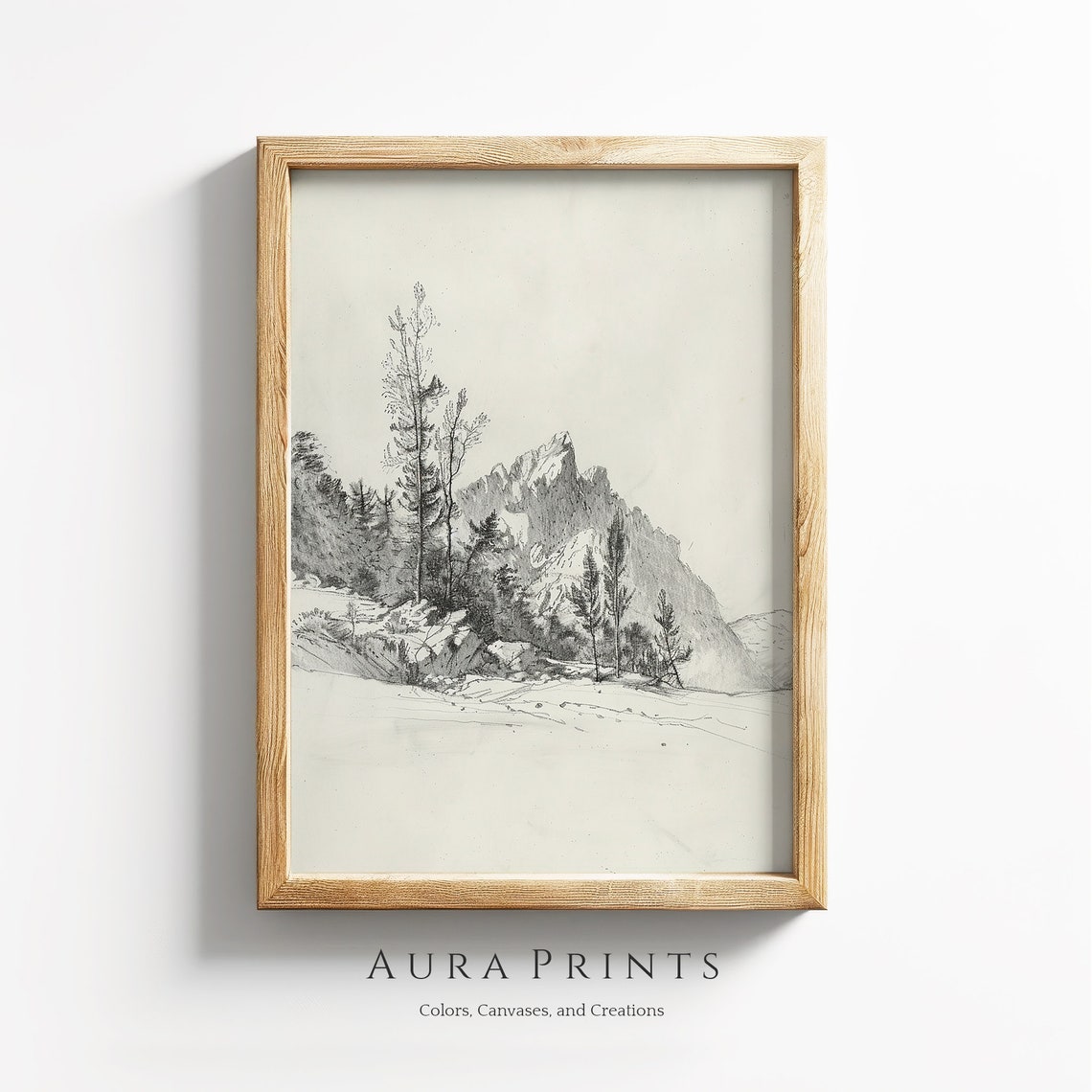 Mountain Peak Pencil Sketch Vintage Line Drawing Landscape Poster