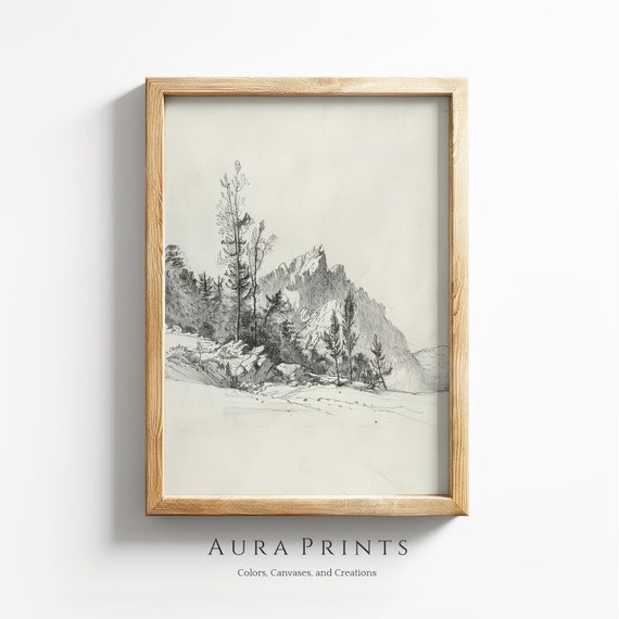 Mountain Landscape Sketch Neutral Art Vintage Line Wall Decor Farmhouse Gift 0992