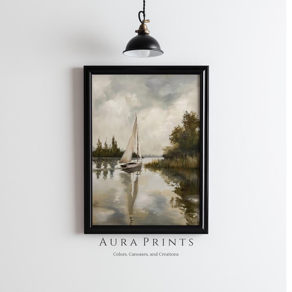Vintage Lake And Boat Scene Wall Art Spring Lakehouse Gift 0381