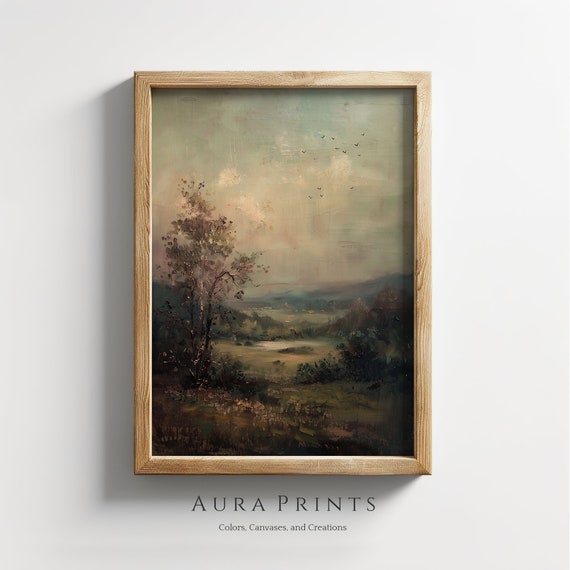 Twilight Over Meadow Vintage Landscape Art Pastoral Oil Painting Sunset Canvas Wall Rural Field 00137