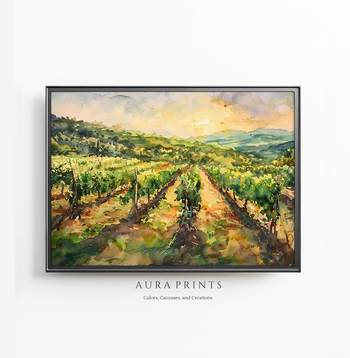 French Vineyard Rows Golden Sunset Watercolor Landscape Wall Art