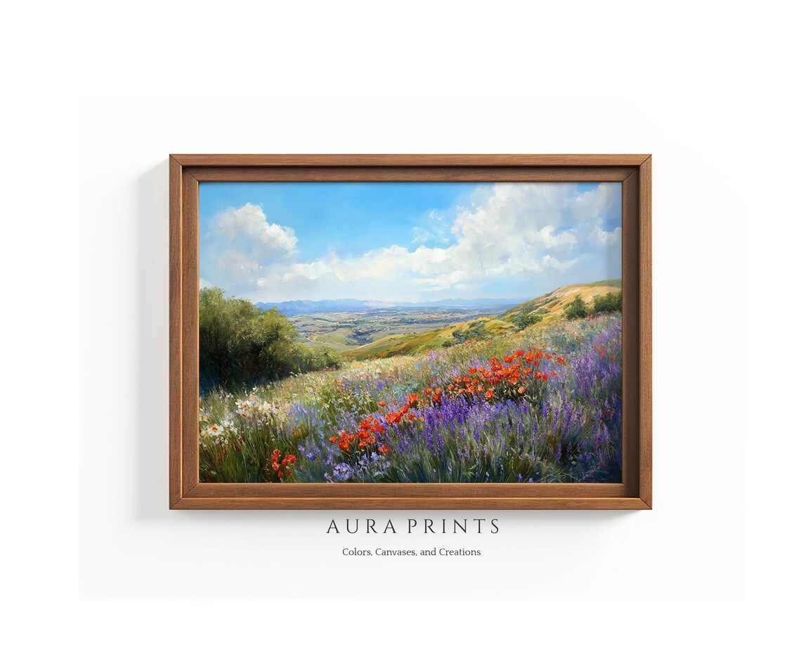 Lavender Poppies Hillside Oil Painting Spring Valley Flower Art Poster
