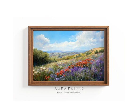 Lavender Poppies Hillside Oil Painting Spring Valley Flower Art Poster