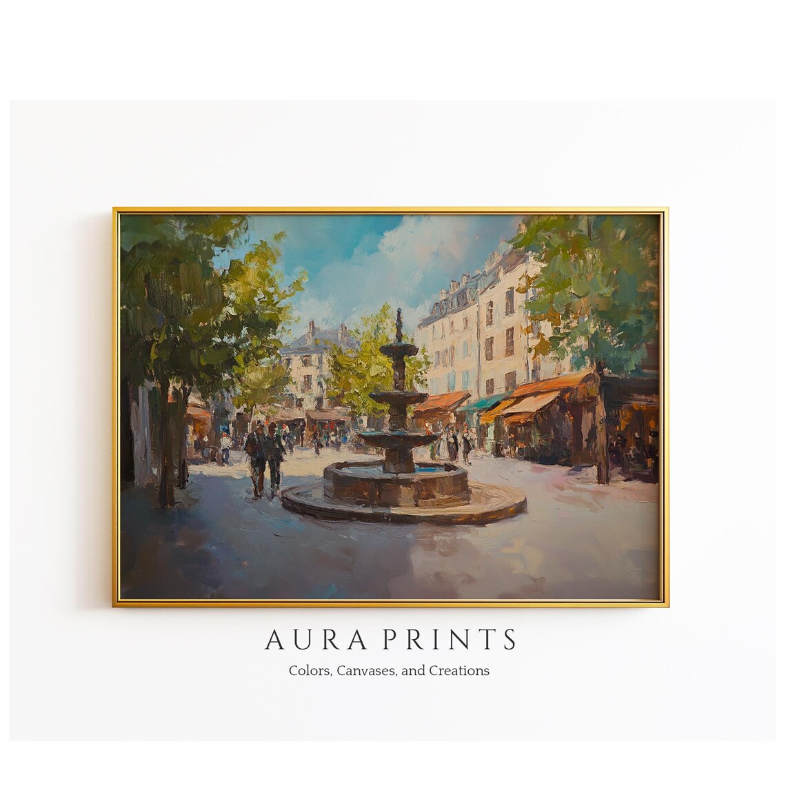 European Town Square Fountain Oil Painting Cafe Terrace Scene Poster