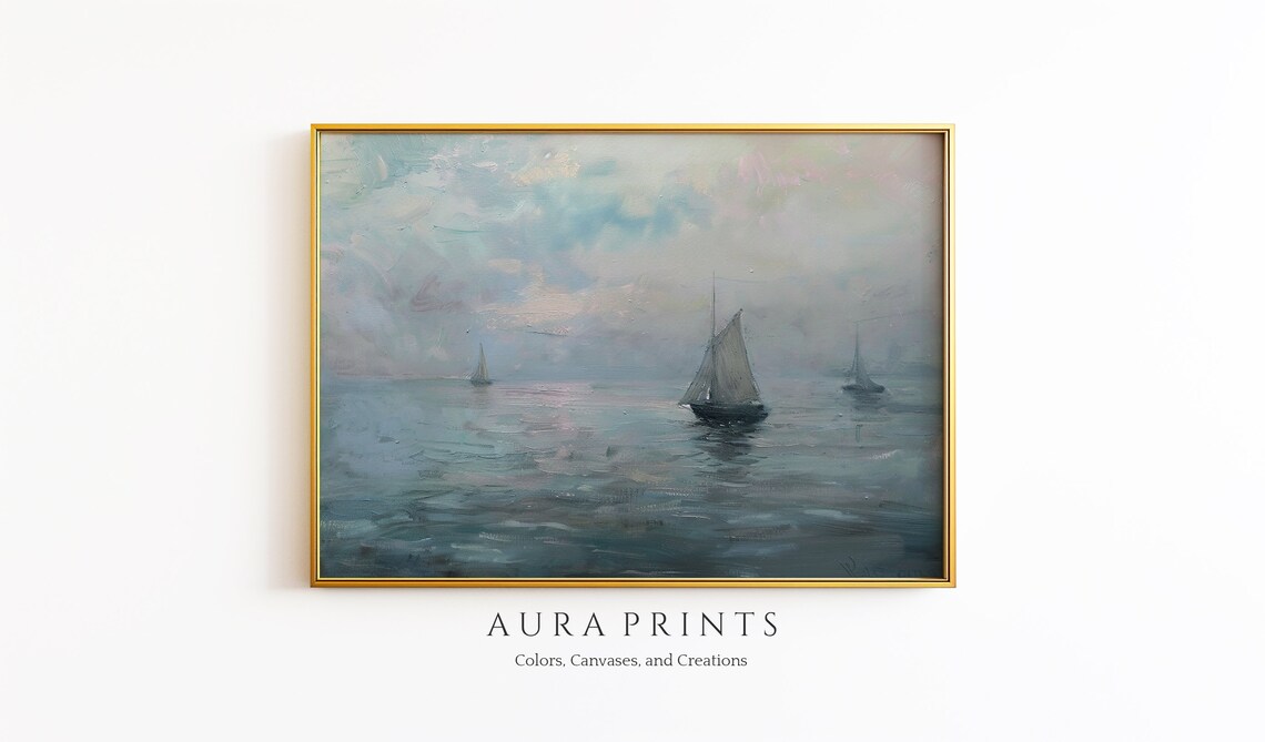 Misty Seascape Oil Painting with Sailboats at Dawn on Sea Poster
