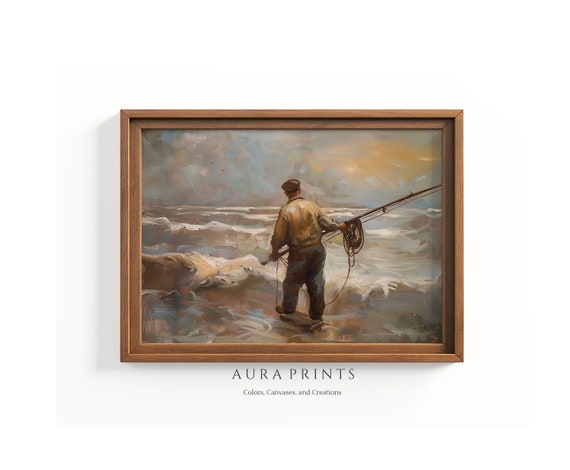 Fisherman At Dusk Fathers Day Painting Farmhouse Wall Art For Cottage Living Room 0610