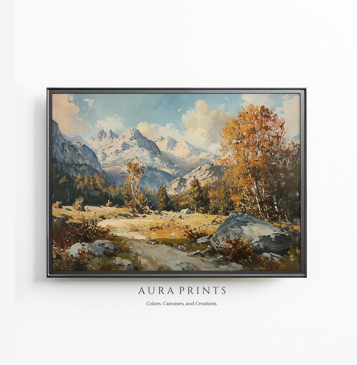 Snowy Mountain Peaks Autumn Trees Golden Valley Vintage Oil Wall Art