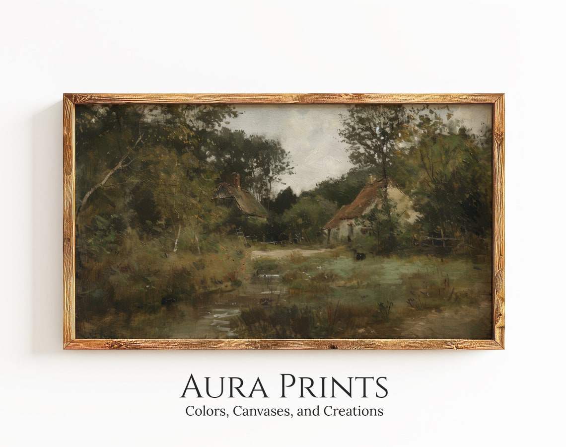 Rustic Cottage Stream Moody Vintage Oil Painting Landscape Poster