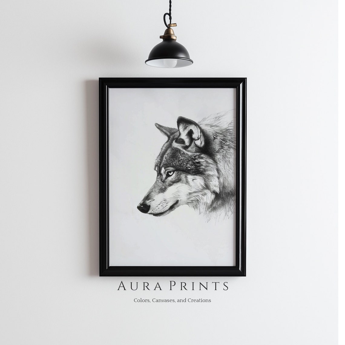 Wolf Head Profile Black and White Pencil Sketch Wildlife Poster
