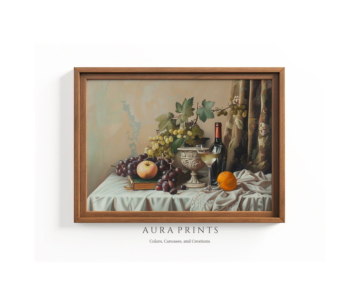 Classic Still Life Wine Grapes Citrus Book Vintage Oil Poster