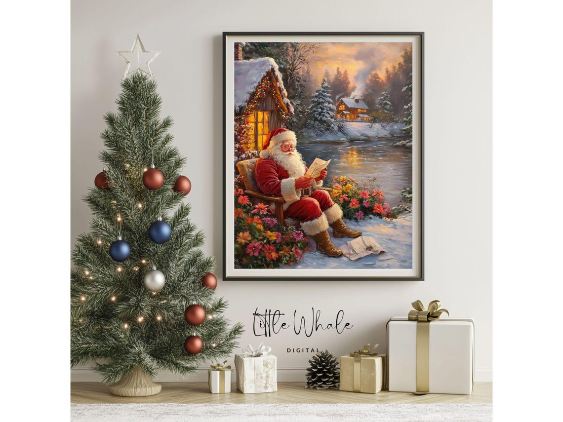 Santa Claus Reading Letters by a Snowy Lake at Sunset Painting Poster - Image 3