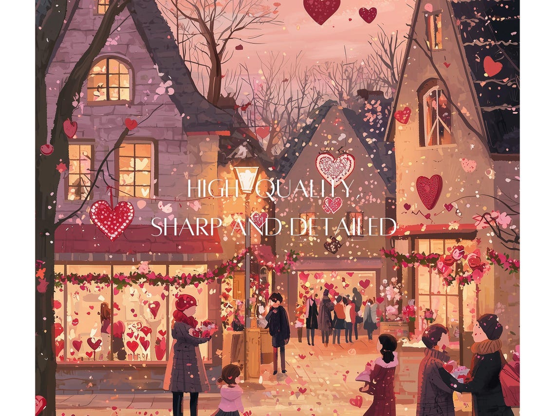 Cute Valentines Day Print Valentine Town Wall Art Valentines Day Painting Romantic Valentines Gift - Image 2