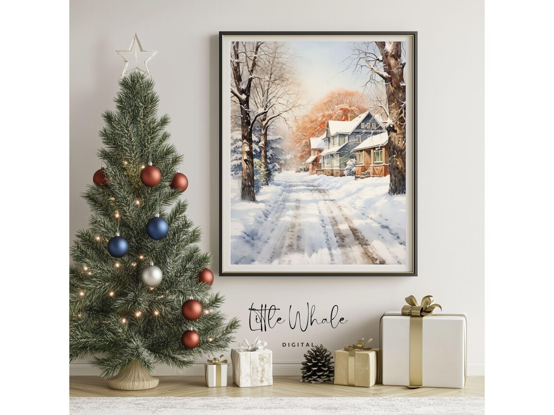 Snowy Village Street Watercolor with Cozy Houses Winter Art Print - Image 2