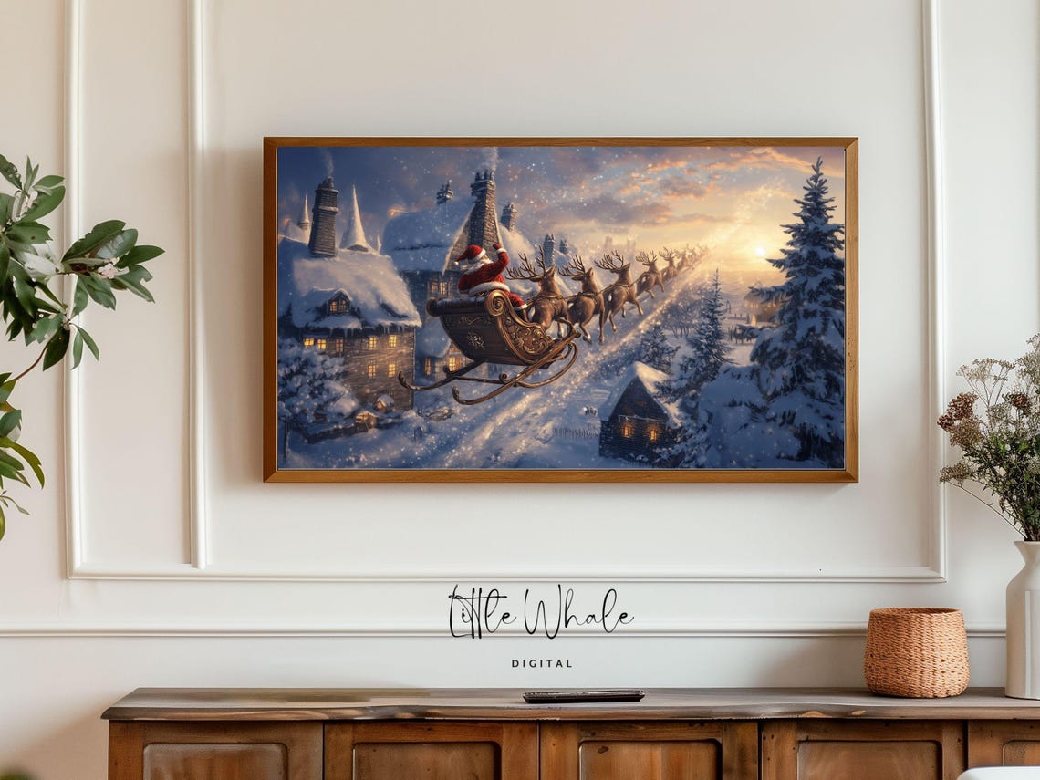 Santa Claus Flying Sleigh Over Snowy Village at Sunset Holiday Poster - Image 4