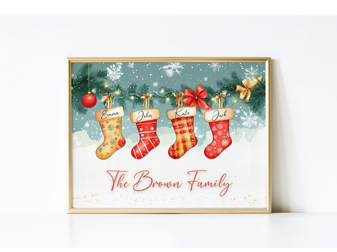 Personalized Christmas Stockings Family Name Custom Holiday Poster