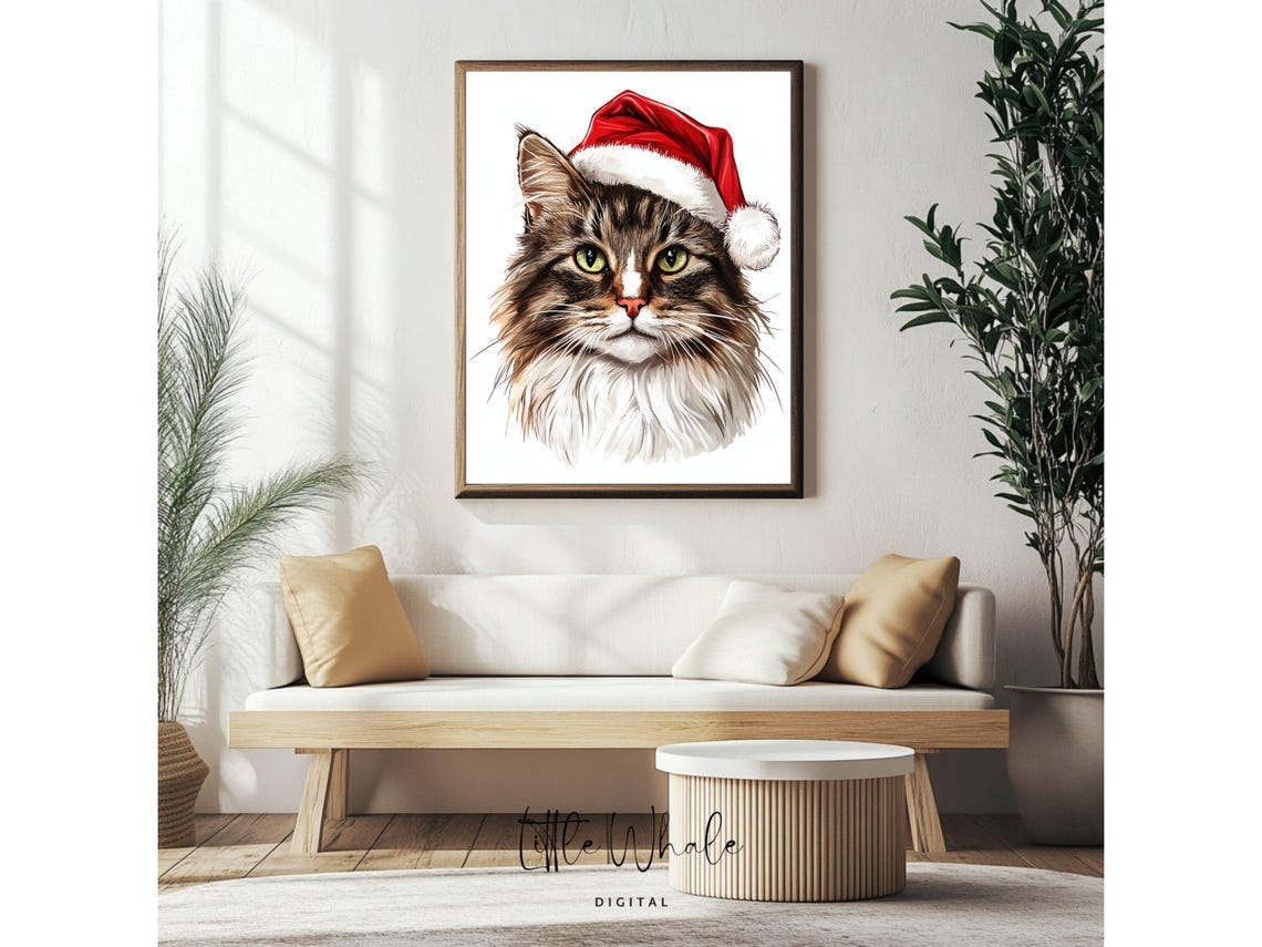 Long Haired Tabby Cat in Santa Hat Fluffy Christmas Art Print - Image 4